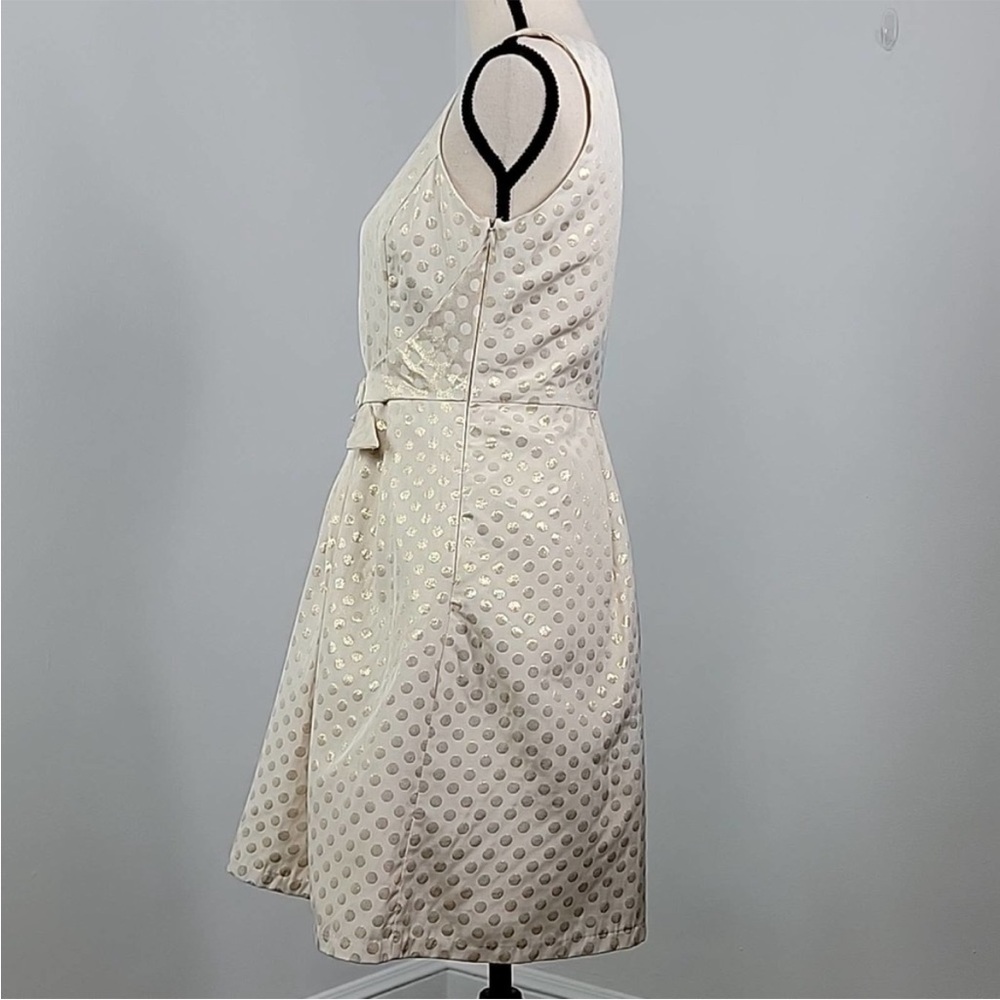 Anthropologie Quillaree Metallic Gold Jacquard Polka Dot Cream A-line Dress 4 - Picture 11 of 14